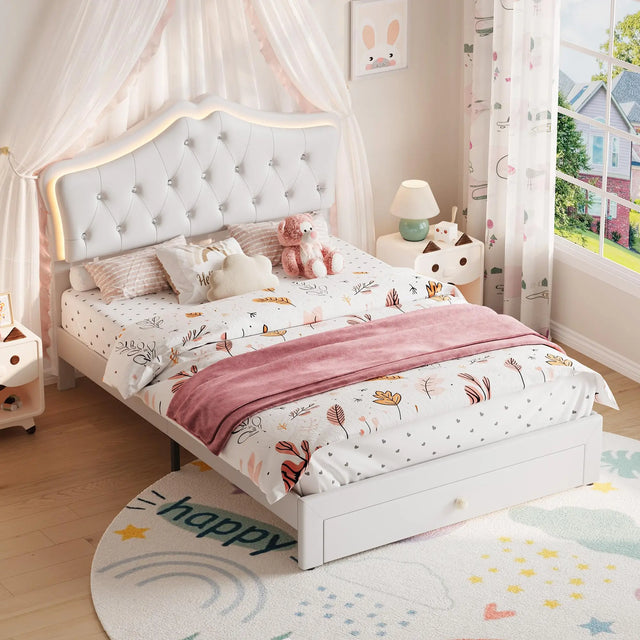 Full Size Bed Frame With LED Lights Velvet Crystal Button Headboard Upholstered Platform Bed