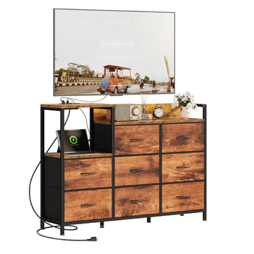 Cabinet With 8 Fabric Drawers TV Stand Metal Frame With Charging Station Entertainment Center