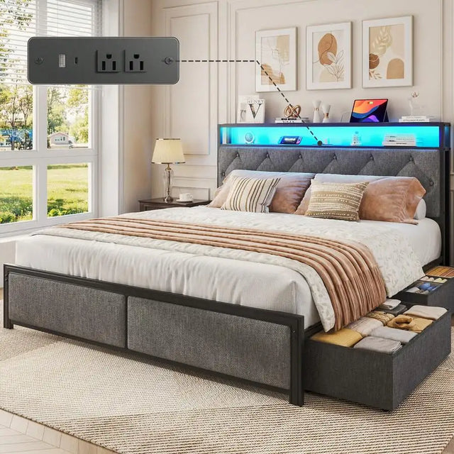 Queen Upholstered Bed Frame With 4 Large Storage Drawers, LED Mood Lighting
