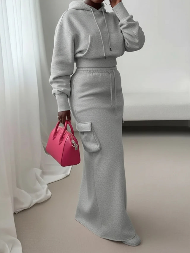 Women's Hooded Cropped Sweatshirt Cargo Pocket Maxi Skirt Set For Daily Street Casual Weekend