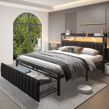 Full Queen LED Bed Frame with Charging Station&Upholstered Storage Headboard