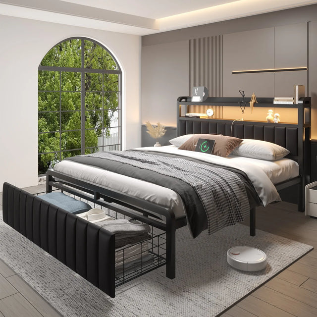 Full Queen LED Bed Frame with Charging Station&Upholstered Storage Headboard