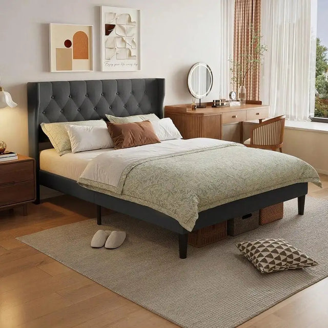 Queen Size Bed Frame, Upholstered Platform Bed Frame, Button Tufted Wingback Headboard