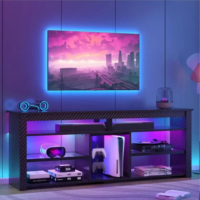 70-inch TV Stand with Tall Entertainment Center, LED Lights, Storage