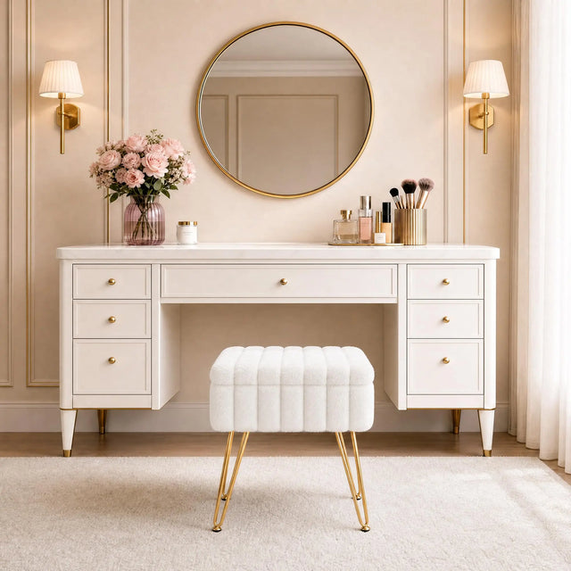 Vanity Stool With Storage, Faux Fur Ottoman With Gold Metal Legs