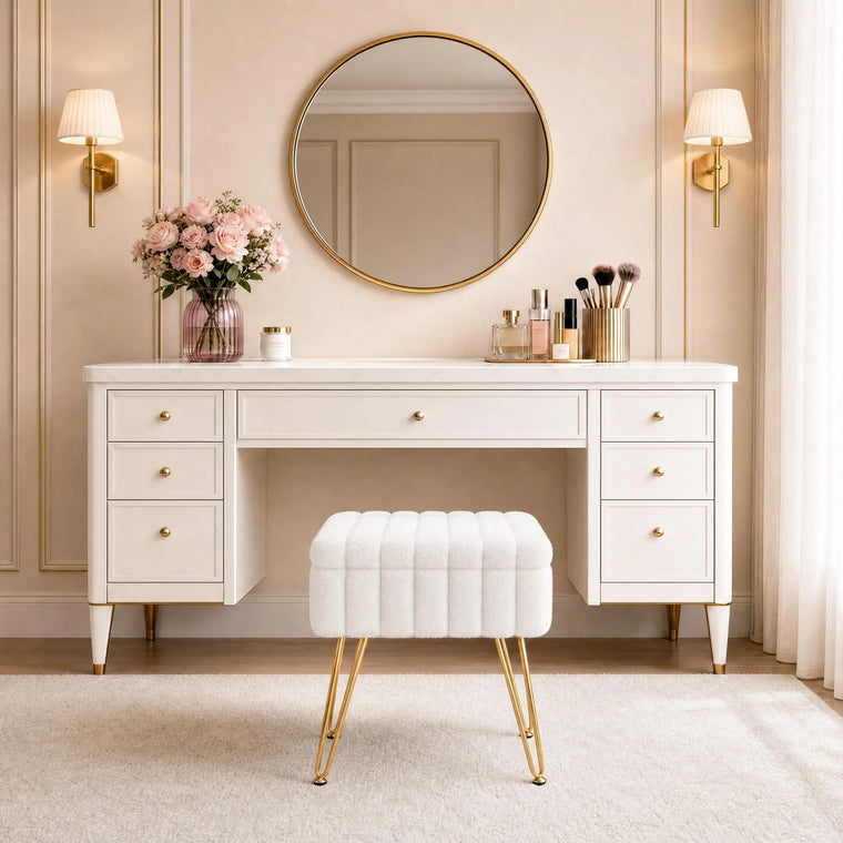 Vanity Stool With Storage, Faux Fur Ottoman With Gold Metal Legs