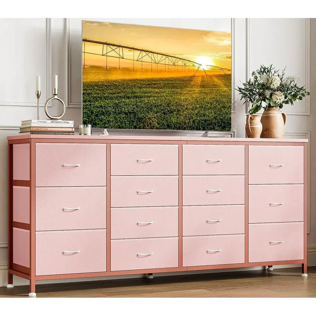 63 Wide Pink Fabric TV Stand for 14 Drawers, Power Outlets, and 65-75 Inch TVs