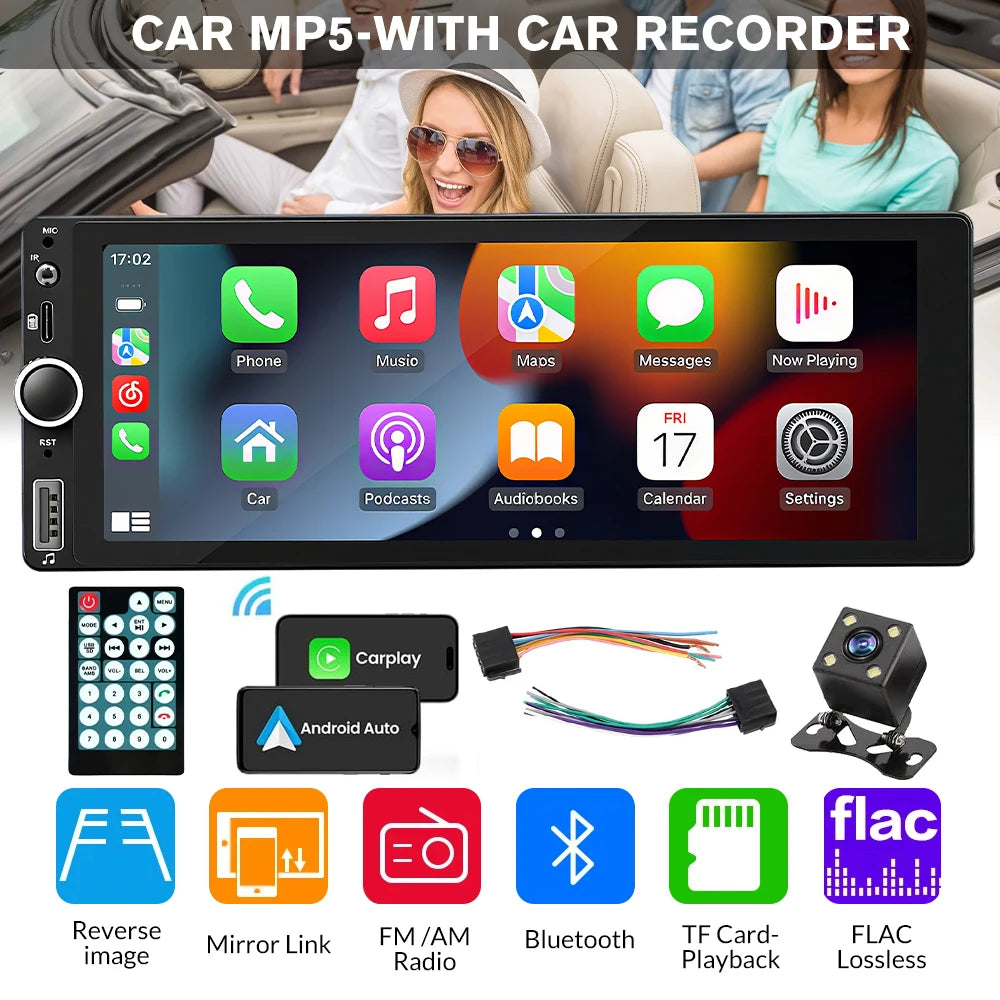 6.86 Inch Double Din Car Stereo Wireless CarPlay Android Auto Car MP5 Player Touch Screen Car Radio with Type-C USB FM RDS Bluetooth Steering Wheel Control Rear View Camera product image