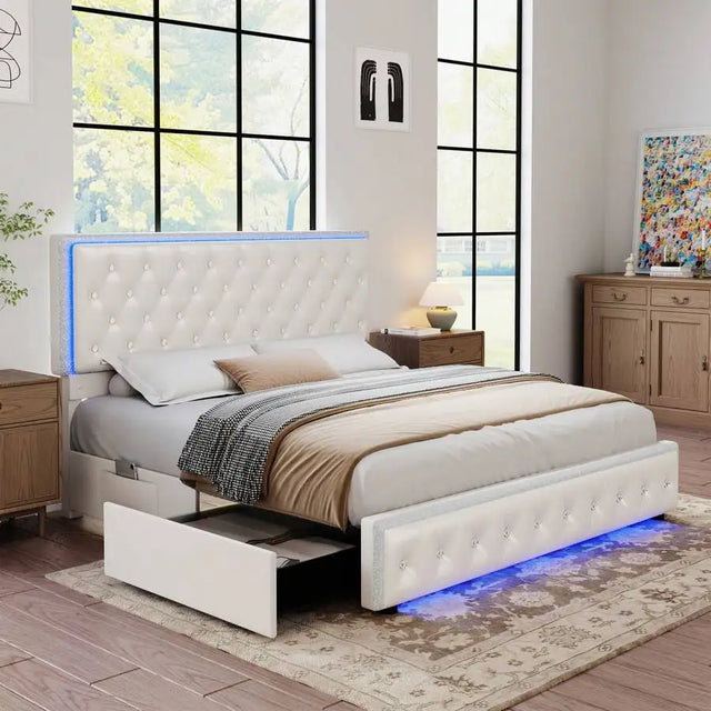 Full/Queen/King Size LED Bed Frame With 2 Storage Drawers Side Pockets Crystal Button Tufted