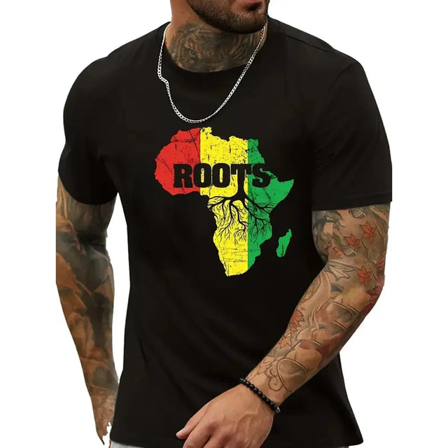 Men's T-Shirt Black Africa Map ROOTS Rasta Colors Casual Wear Cotton graphic tee graphic