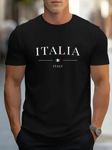 Men's Simple Letter-Printed T-Shirt, Summer Casual Round-Neck Short-Sleeve, Loose