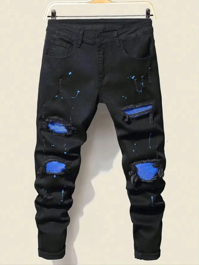 Men's slim fit perforated black denim pants