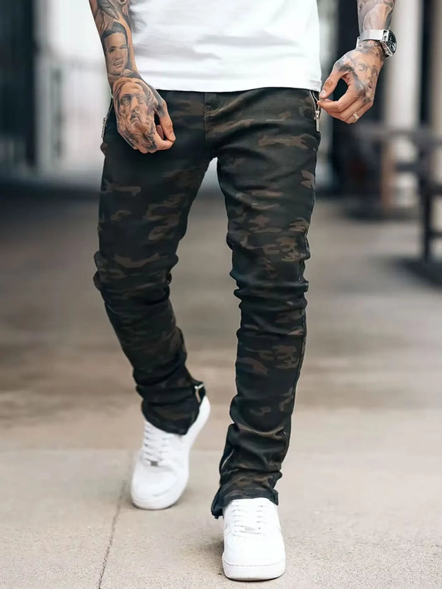 Men's Camouflage Jeans Military Green Zipper Pants Tactical Cargo Shorts with Multiple Pockets