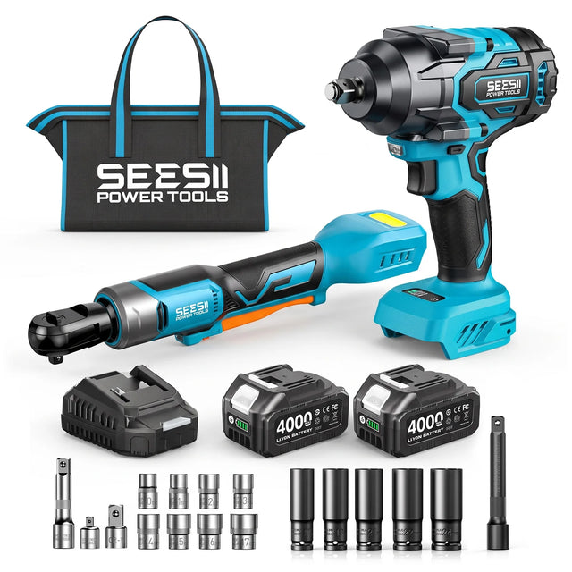 SEESII Cordless Ratchet & 1000 N·m Impact Wrench Kit with 21V Battery