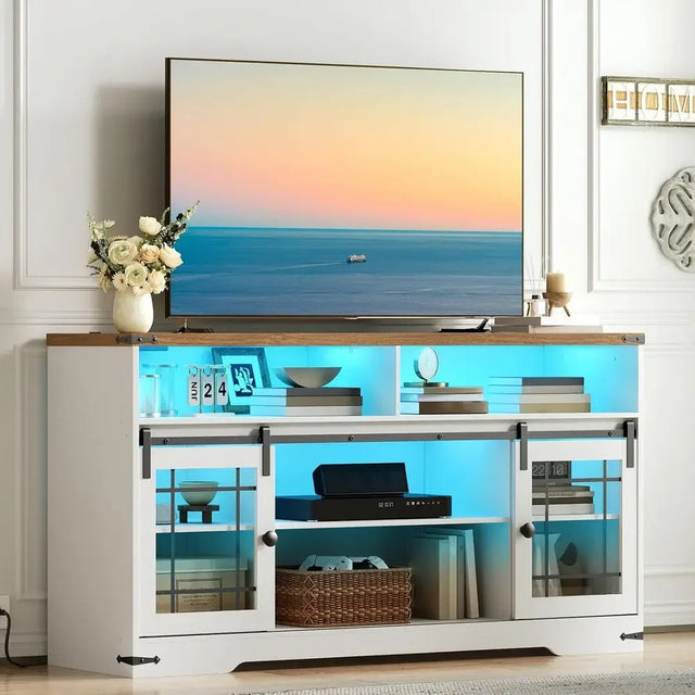 65 TV Stand: Modern Entertainment Center with LED Lights, Charging Port, Adjustable Shelves