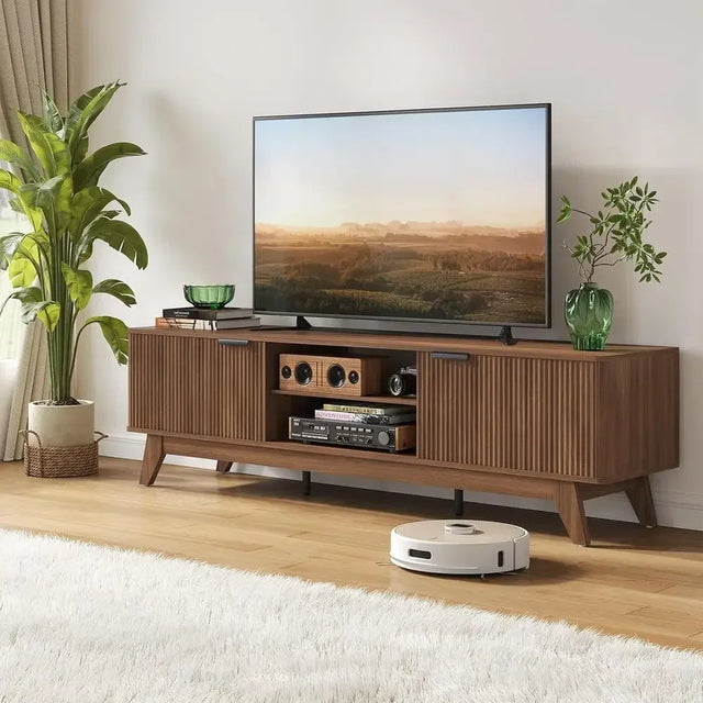 Walnut 70-80 TV Stand with Outlet, Entertainment Center, Storage & Shelves