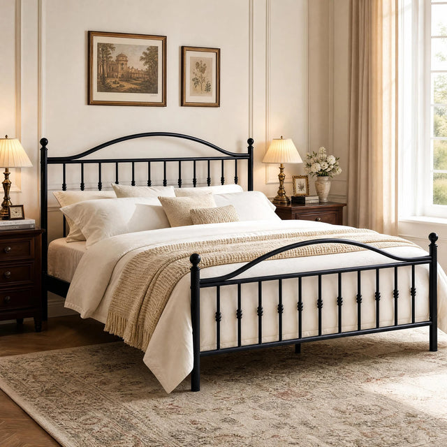 Twin Full Queen King Victorian Metal Bed Frame With Headboard Footboard, Steel Slats