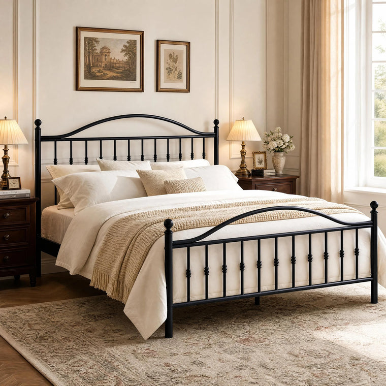 Twin Full Queen King Victorian Metal Bed Frame With Headboard Footboard, Steel Slats