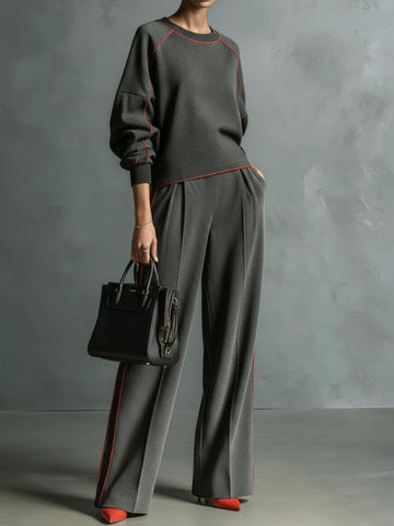 Women's Two Piece Outfit Round Neck Long Sleeve Loose Top High Waist Wide Leg Pants Contrast