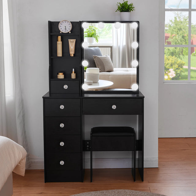 Matte Black LED Vanity Makeup Table Set with Sliding Mirror