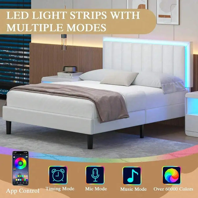 LED Bed Frame, Upholstered Platform Bed Frame With Headboard, Faux Leather