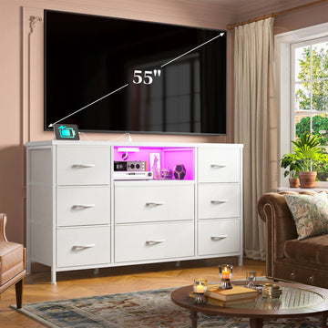 55" TV Compatible Fabric Dresser - 8 Drawers with LED & Charging Station