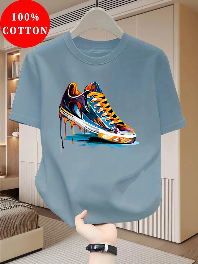 Summer Men's 100% Cotton Casual Personalized Sneakers Graffiti Printed Loose Round Neck Short