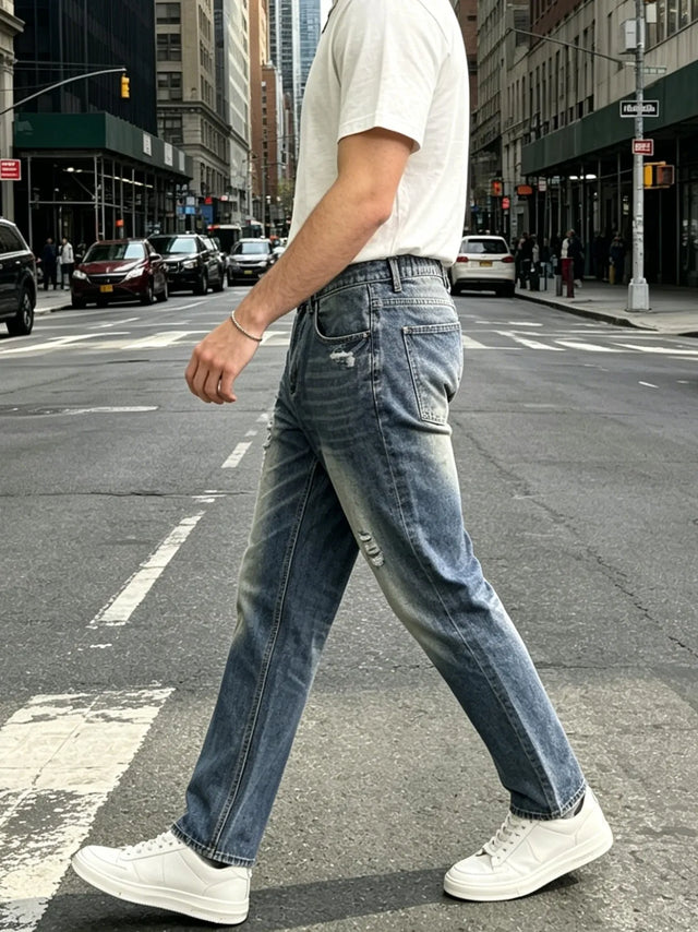 Men's Straight-Leg Denim Pants With Back Elastic Waist, Men Distressed Ripped Denim Jeans