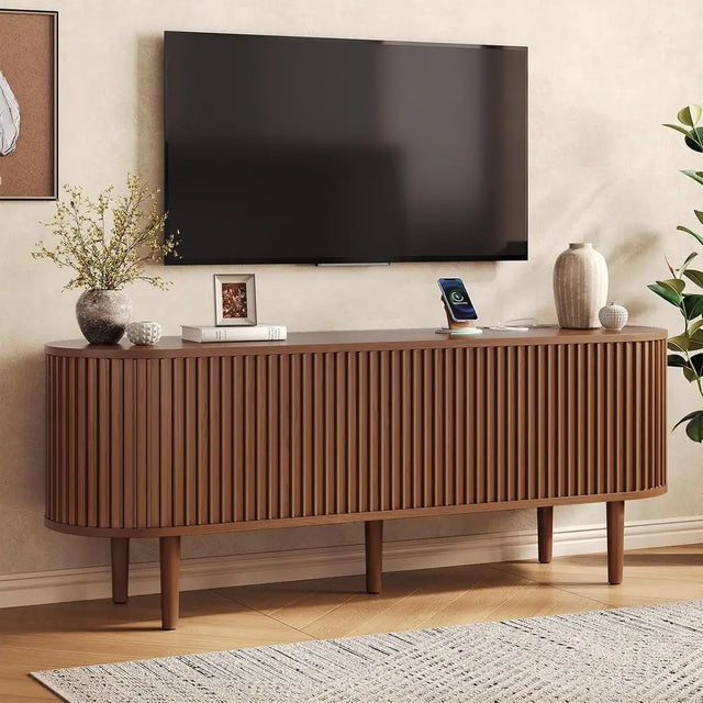 65 TV Stand with Power Outlet, Solid Wood Leg