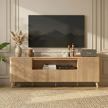 Mid Century Modern TV Stands for 80 Inch TV, Oak Entertainment Center with Storage