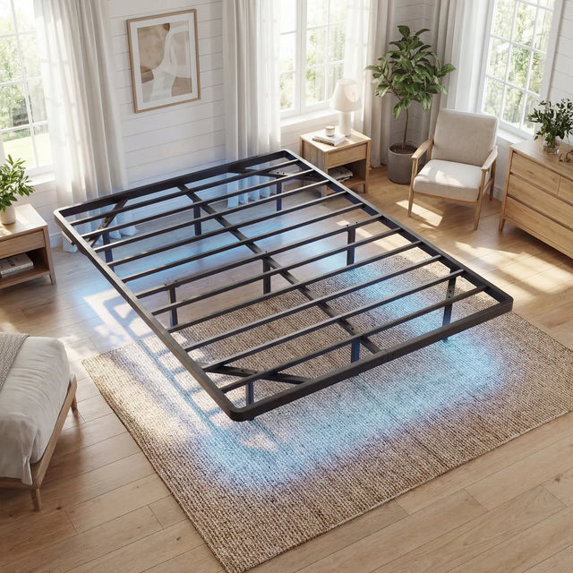 Heavy Duty Floating Bed Frame with Smart LED Lights and Charging Station