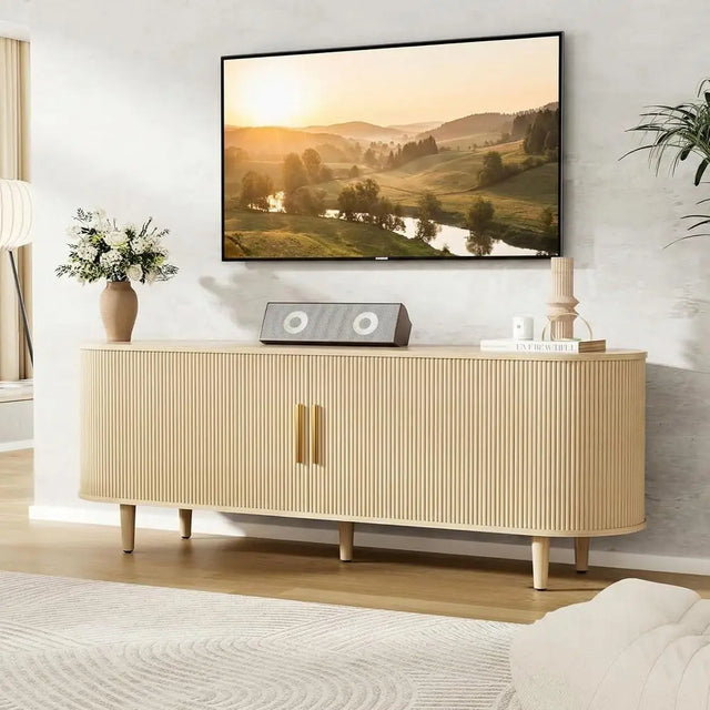 63 Wide Oak TV Stand with Adjustable Shelves and Sliding Doors for TVs up to 65 Curved Media