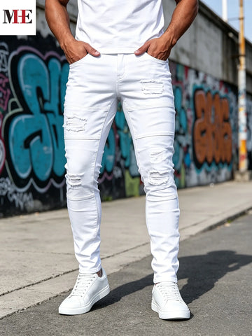 Men's Pure white slim tapered denim pants with segmented stitching biker splicing craft