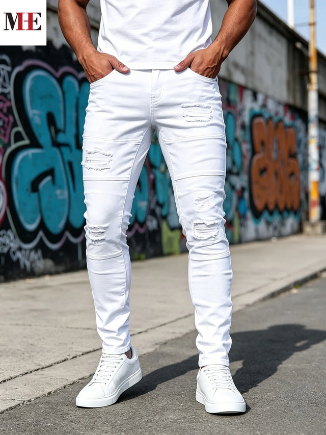 Men's Pure white slim tapered denim pants with segmented stitching biker splicing craft