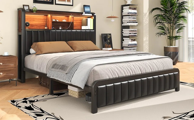 Full Queen Size Metal Bed Frame with Storage Charging Headboard, LED Light