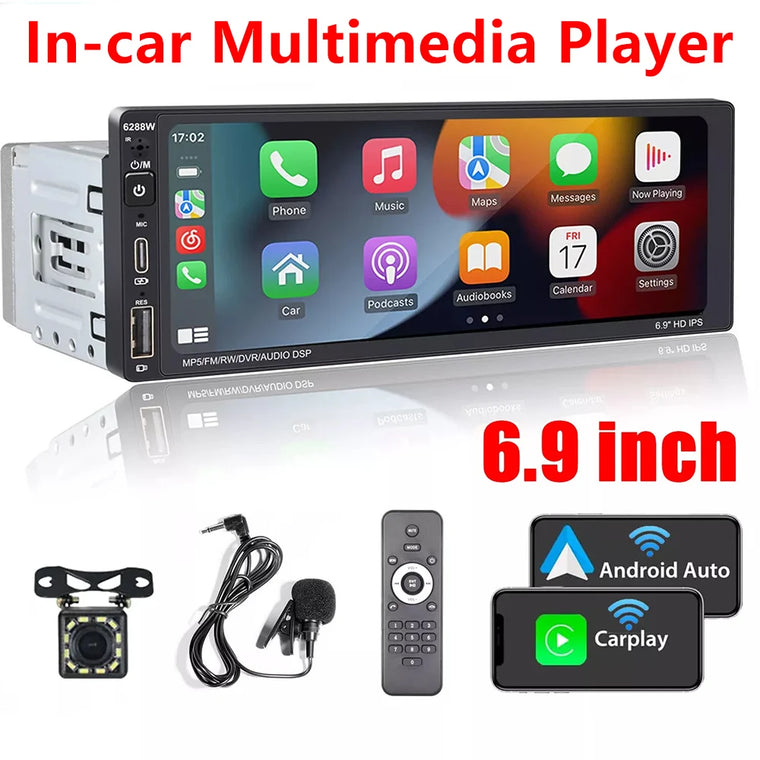 6.9-Inch Single-DIN Touchscreen Car Stereo with Wireless CarPlay & Bluetooth