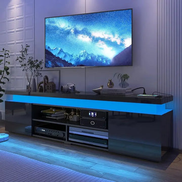 85 Inch LED TV Stand with Power Outlet, High Gloss Entertainment Center, Storage