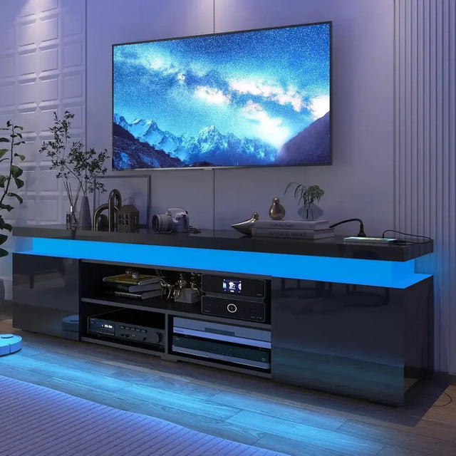 85 Inch LED TV Stand with Power Outlet, High Gloss Entertainment Center, Storage