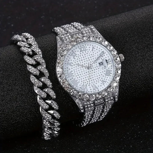 Color: Gold - Fashion Hip-hop Cuban Bracelet & Men's Steel Band Faux Diamond Watch, Fashion Men's W