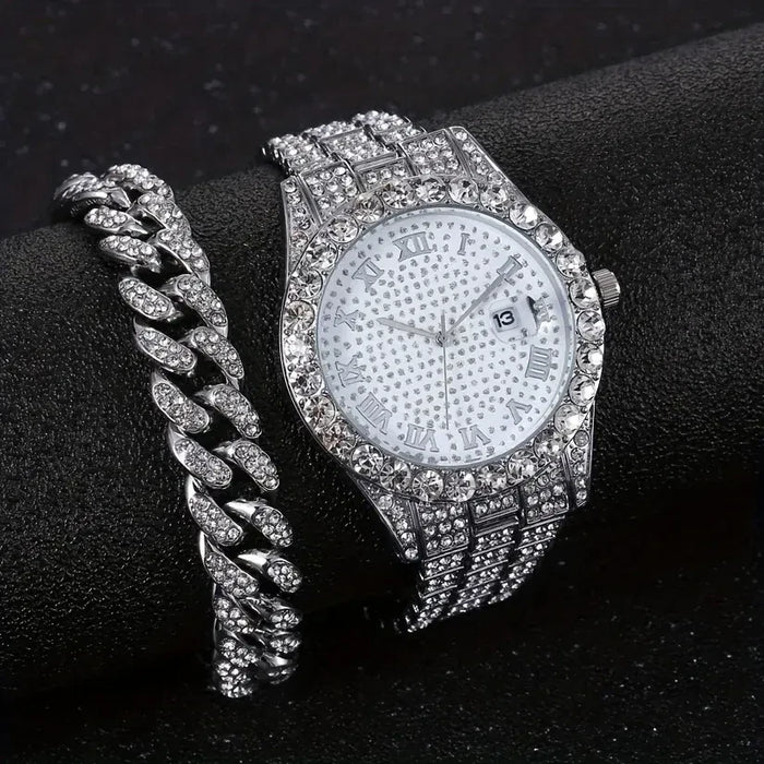 Color: Gold - Fashion Hip-hop Cuban Bracelet & Men's Steel Band Faux Diamond Watch, Fashion Men's W