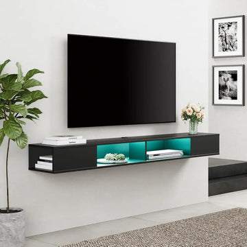 Wall-Mounted 80 Inch TV Stand with LED Lighting and Floating Shelves for Living Room or Bedroom