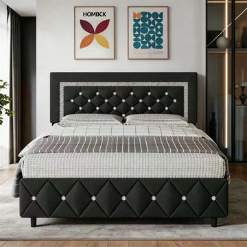 Upholstered Bed Frame, Modern Platform Bed Frame With Diamond Headboard And Footboard