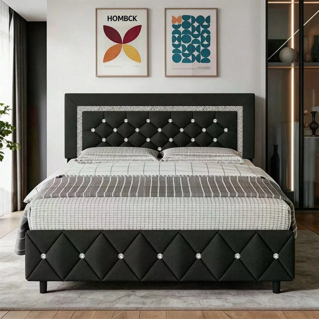 Upholstered Bed Frame, Modern Platform Bed Frame With Diamond Headboard And Footboard