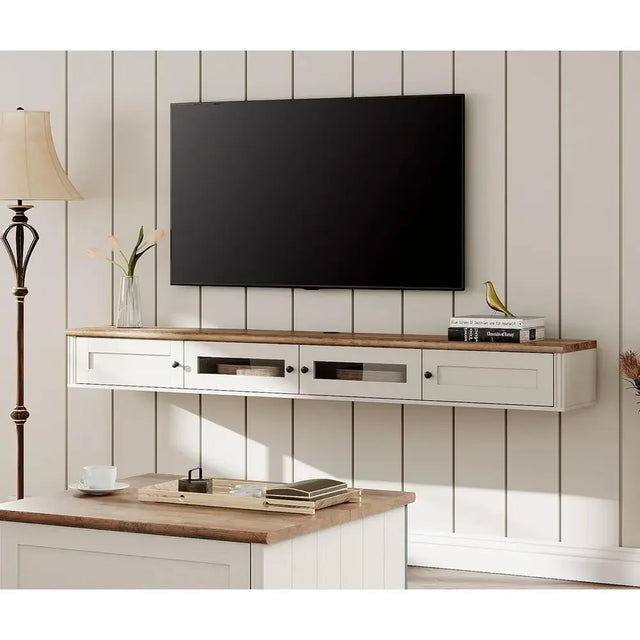 Wooden Floating TV Stand with Storage for 80-Inch TVs