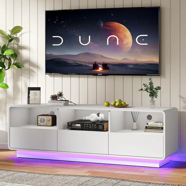 White 65 TV Stand with 3 Drawers, LED Lights