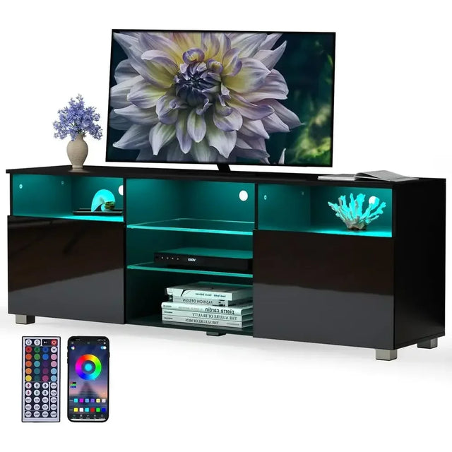 Glossy Black LED TV Stand for 55-65 Inch TVs, Adjustable Shelving Entertainment Center