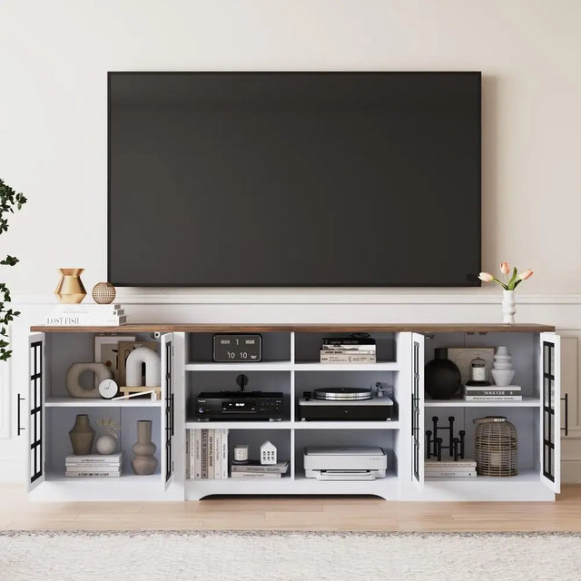 100 TV Stand with 2 Cabinets & 3-Tier Shelves, Rustic Style for Living Room or Bedroom