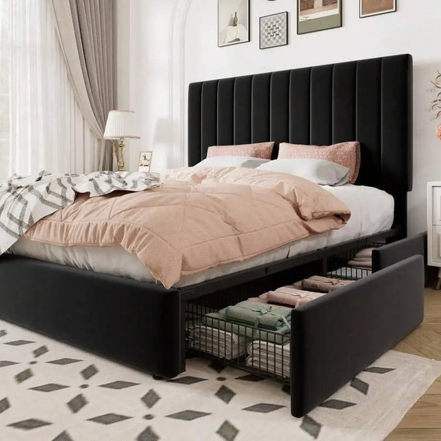 Full/Queen/King Size Storage Bed Frame, Vertical Channel Tufted Adjustable Headboard