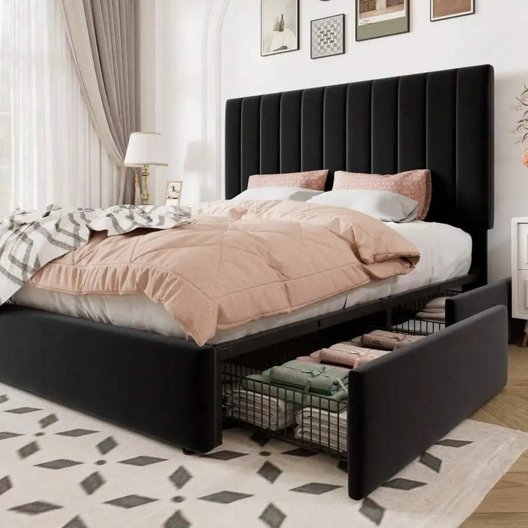 Full/Queen/King Size Storage Bed Frame, Vertical Channel Tufted Adjustable Headboard