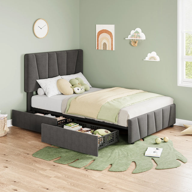 Full Size Bed Frame with Adjustable Headboard and 4 Storage Drawers